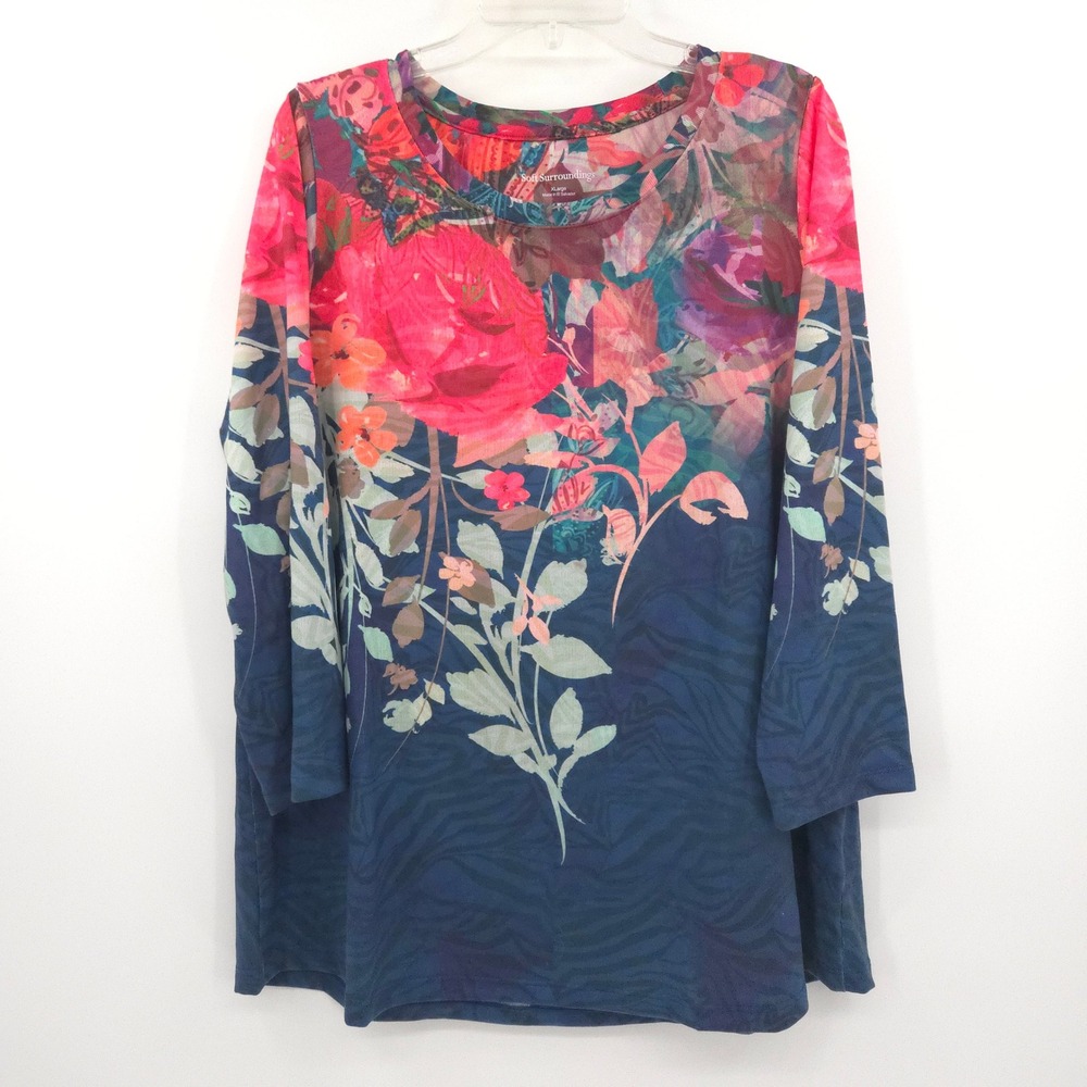 Soft Surroundings Floral Tunic Top Womens XL Blue Pink 3/4 Sleeve Stretch